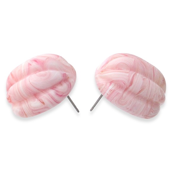 Vintage Pink Lucite Stud Earrings Marbled Swirl Ribbed / Fluted Melon Texture - Picture 2 of 4